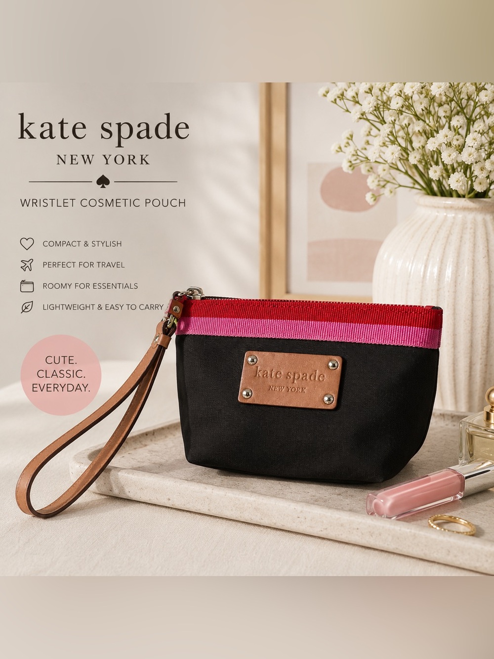 Kate Spade NY Black Pink Stripe Wristlet Cosmetic Pouch Bag